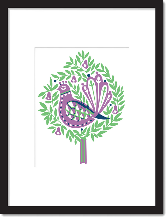 Decorative illustration of a partridge in a green pear tree on a white background